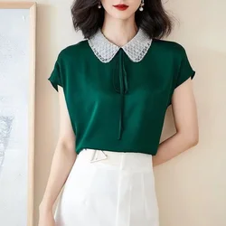 Temperament Patchwork Lacing Tops Tees Summer New Short Sleeve Solid Color Loose Office Shirts Elegant Fashion Women Clothing