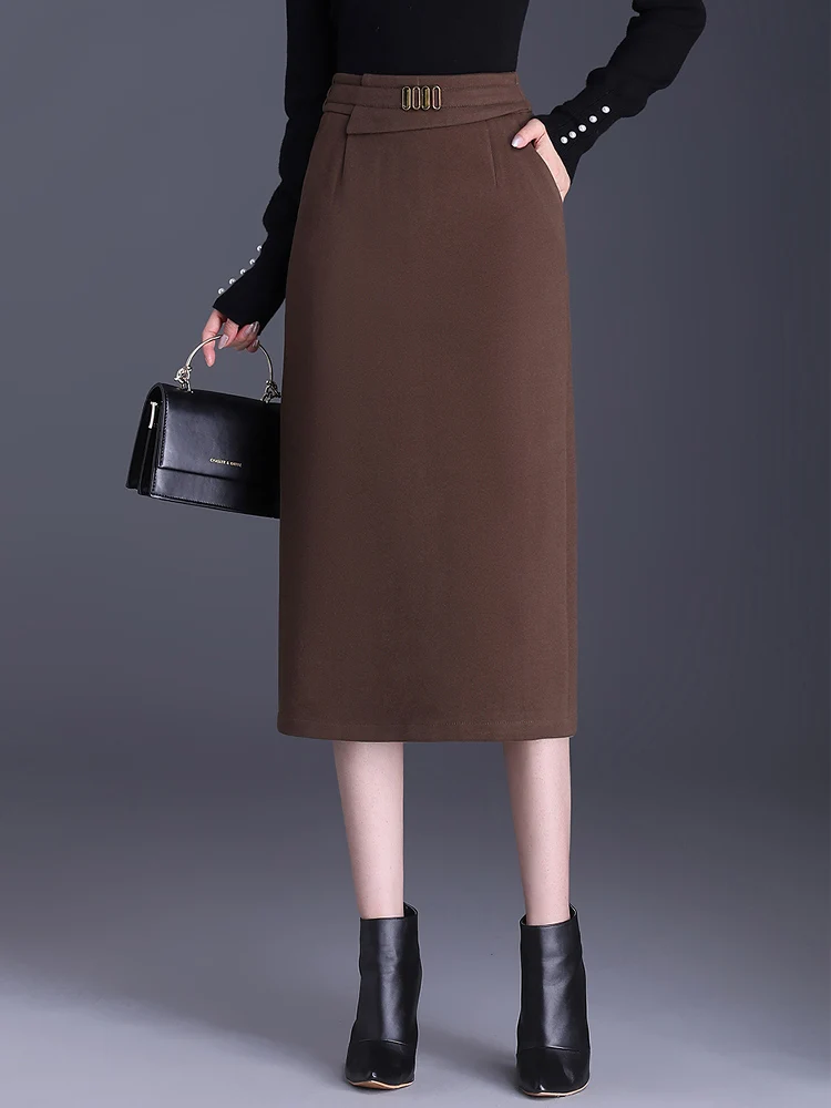 

SUCH AS SU Fashion Women Fall Winter Woolen Sexy Pencil Skirts Ladies Black Coffee High Waist Occupation Mid-Long Pockets Skirt