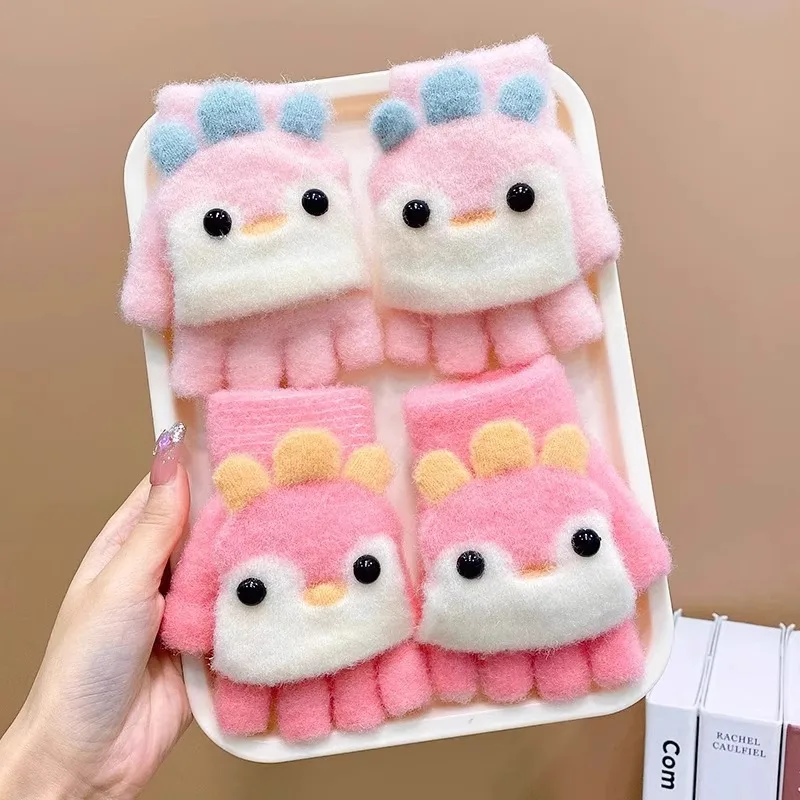 Children Winter Warm Gloves Half Finger Flap Winter Proof Windproof Writing Gloves Cartoon Chicken Girls for Kids