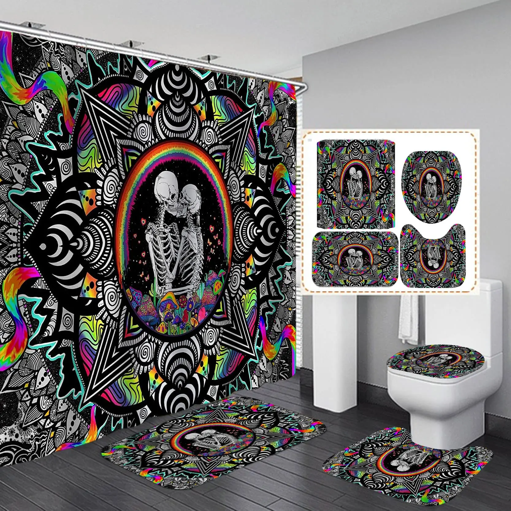 Sugar Skull Shower Curtain Set Day of The Dead Romantic Skeleton Couple Motorcycle Goth Red Rose Bat Gothic Bathroom Curtain Set