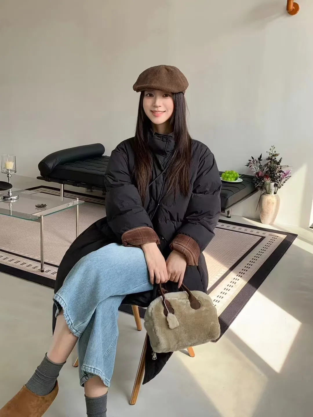 XF2356 الخريف/الشتاء 25 الملابس النسائية الجديدة النسخة الكورية الوجه كم الوقوف طوق طويل فوق الركبة بطة بيضاء أسفل سترة #5