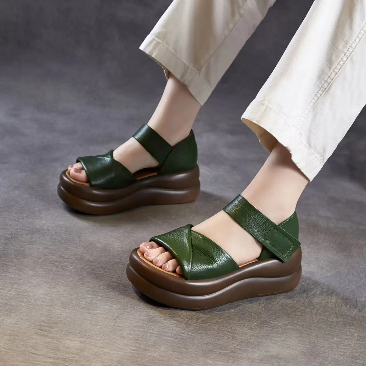 2026 Summer New Women's Wedges One Word Sandals Thick Sole Non Slip Lightweight Leather Outdoor Velcro Height Increasing Sandals