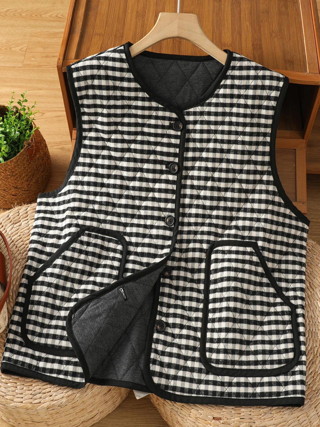 Ceco Acolchado de Aodón con Cuello Redondo para Mujer, Ceco Sin Mangas de Aodón Fino, Térmico, a Cuadros, con un So...