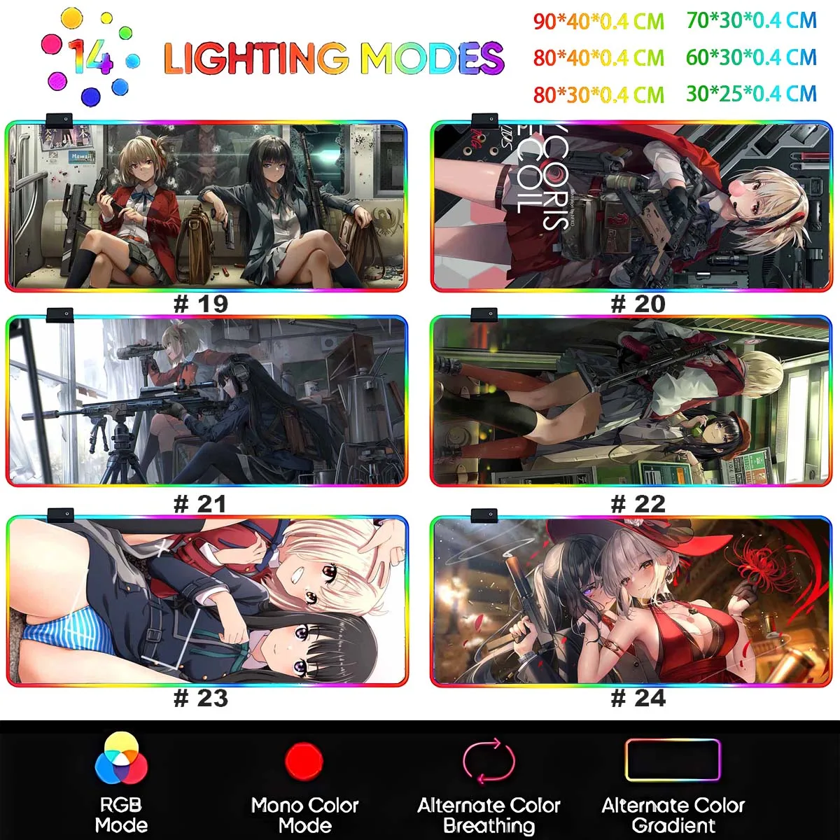 Anime Lycoris Recoil Non-slip Mouse Pad LED Backlit Nishikigi Chisato Large RGB Mouse Pad Overwatched Table Gaming Keyboard Mat