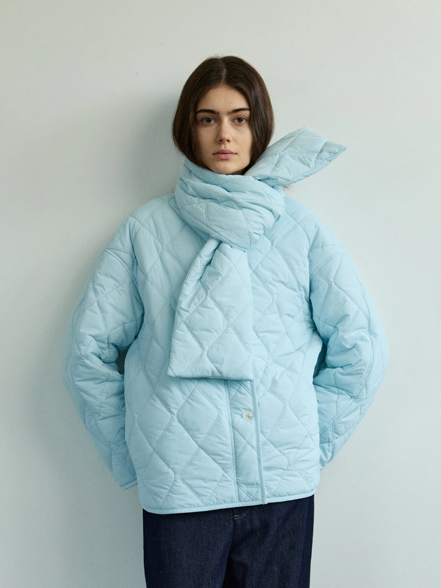 

Non Restrained Design ex Loose Cotton down Jaet with Detachable Scarf Warm Sli Commute round Ne Button up Coat