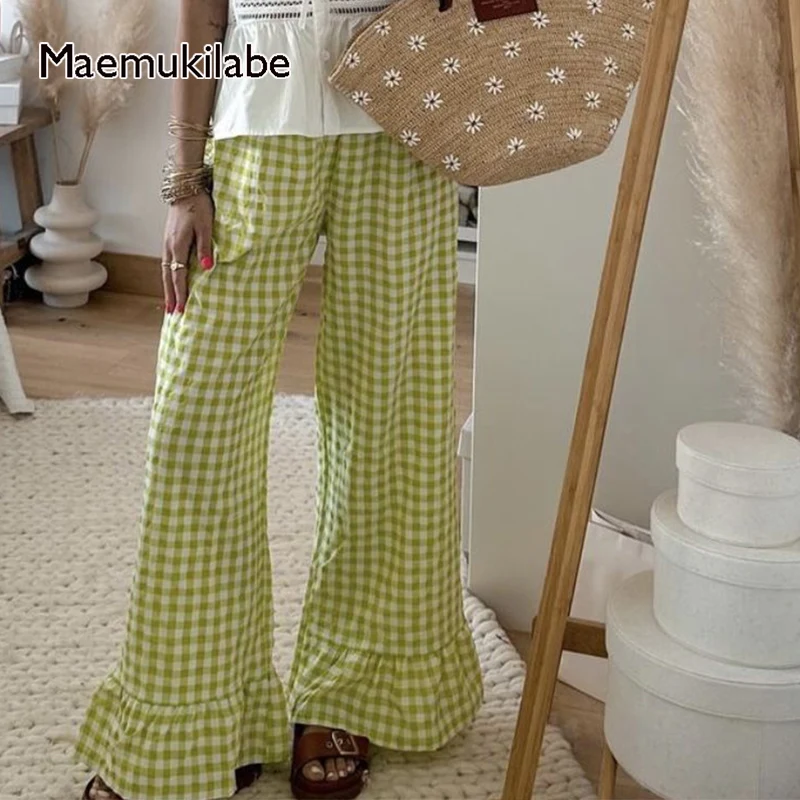 Maemukilabe Y2K Preppy Cute Plaid Wide Leg Pants Vintage Ruffles Hem Loose Fit Trousers Fairycore Elastic Waistband Lounge Pants