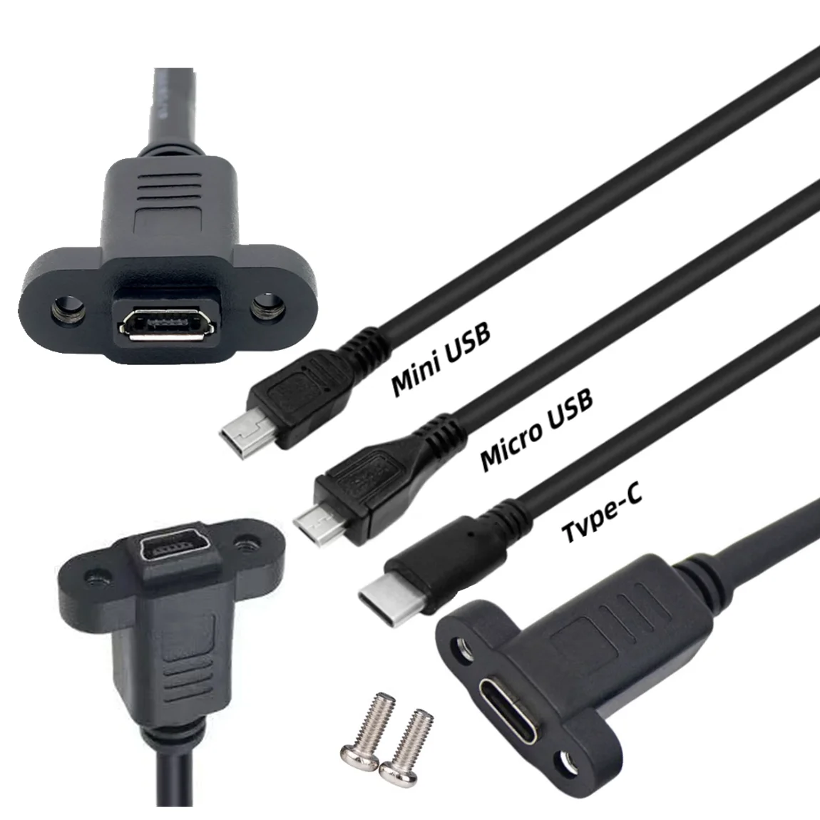Micro Mini USB USB 2.0 Male Connector to Micro USB 2.0 Female Extension Cable Pitch 17.5mm With screws Panel Mount Hole 0.25m