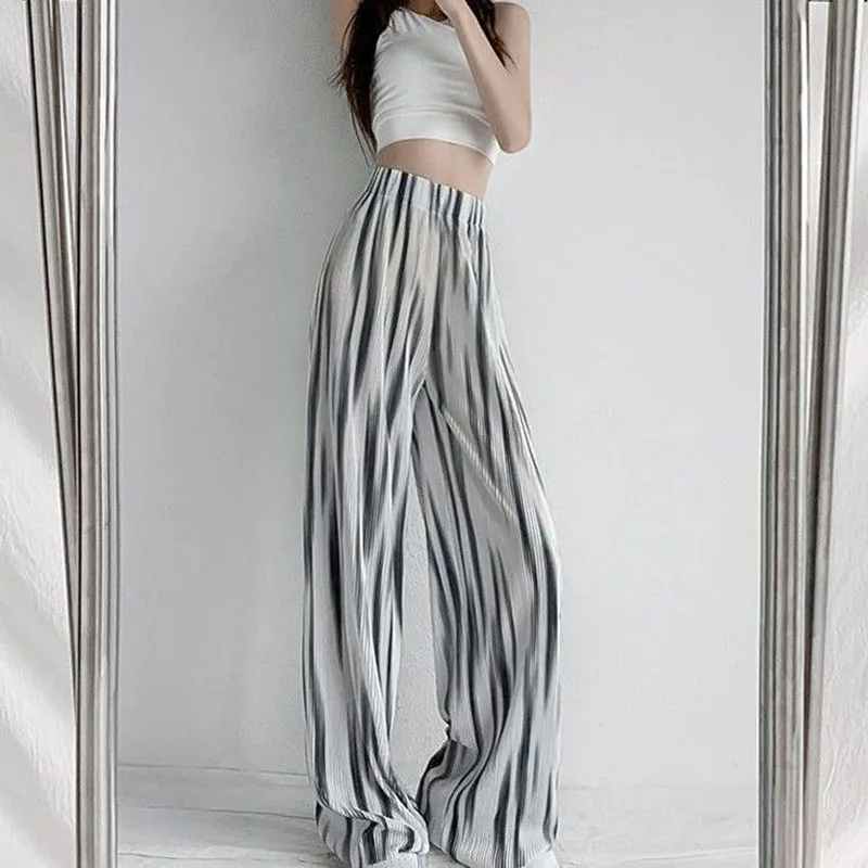 Casual Streetwear Tie Dye Striped Pleated Women Black White Bright Line Decoration Wide Leg Pants Sagging Sensation Full Length