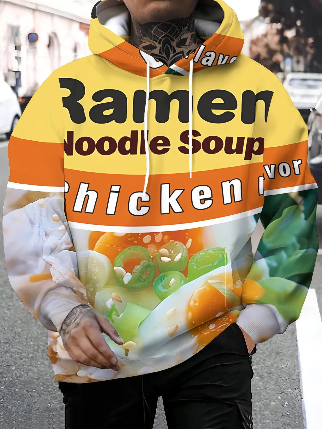Herren-Hoodie mit Hühnergeschmack-Ramen-Nudel-Verpackungsdruck, Langarm, Lässiger Pullover mit Lebensmittelmotiv – Detail 3