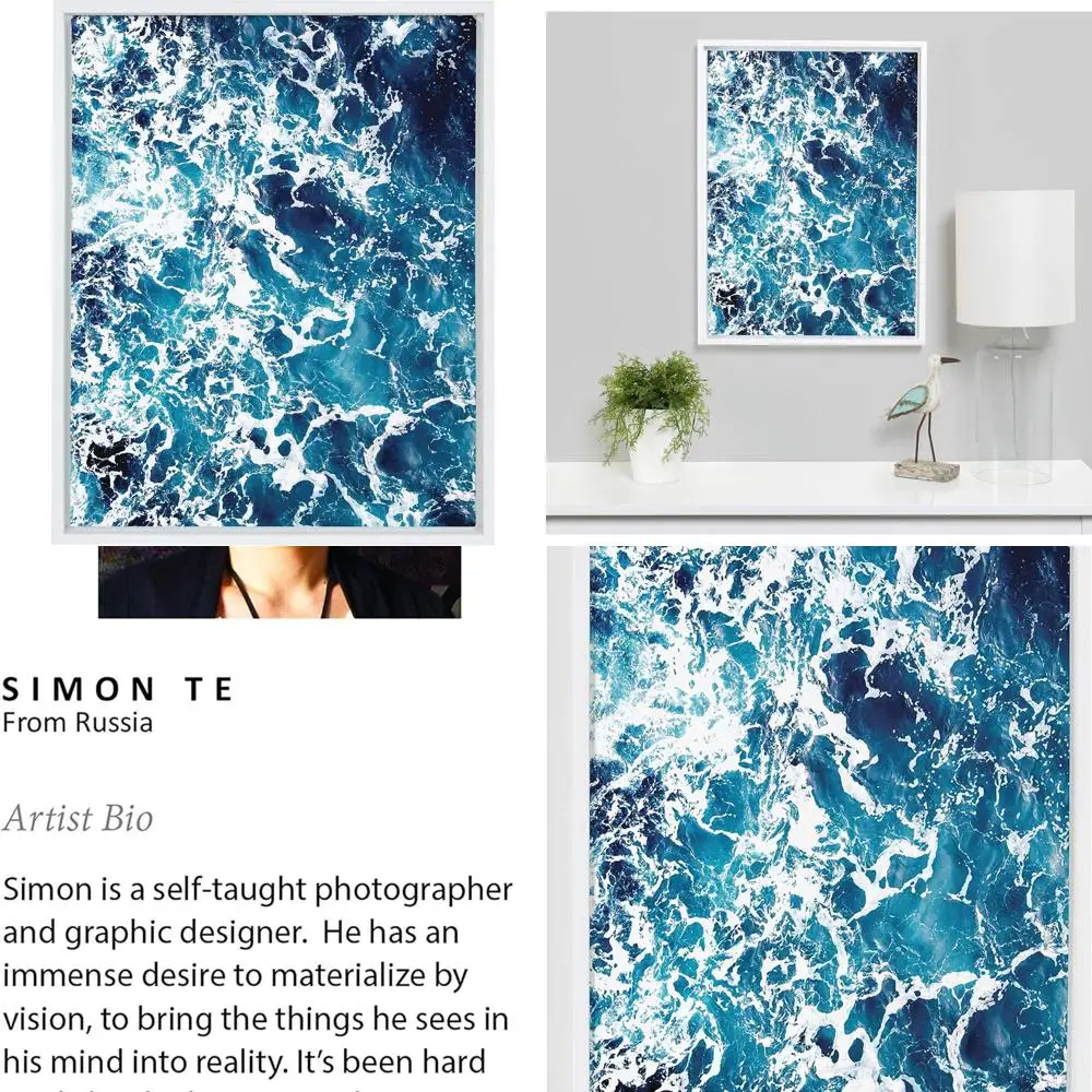 

18x24 White Framed Canvas, Kate & Laurel Sylvie, Blue Ocean Waves Art