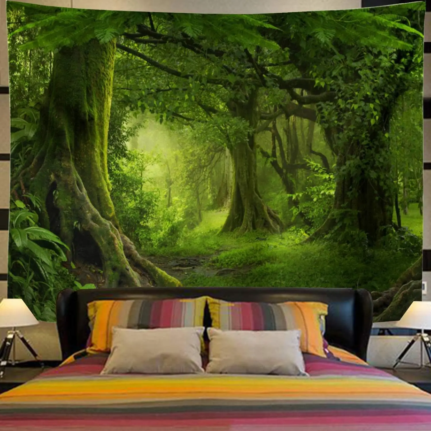 Misty Forest Tapestry Green Tree in Jungle Forest Tapestries Wall Hanging Nature Scenery Woodland Backdrop Living Room Bedroom