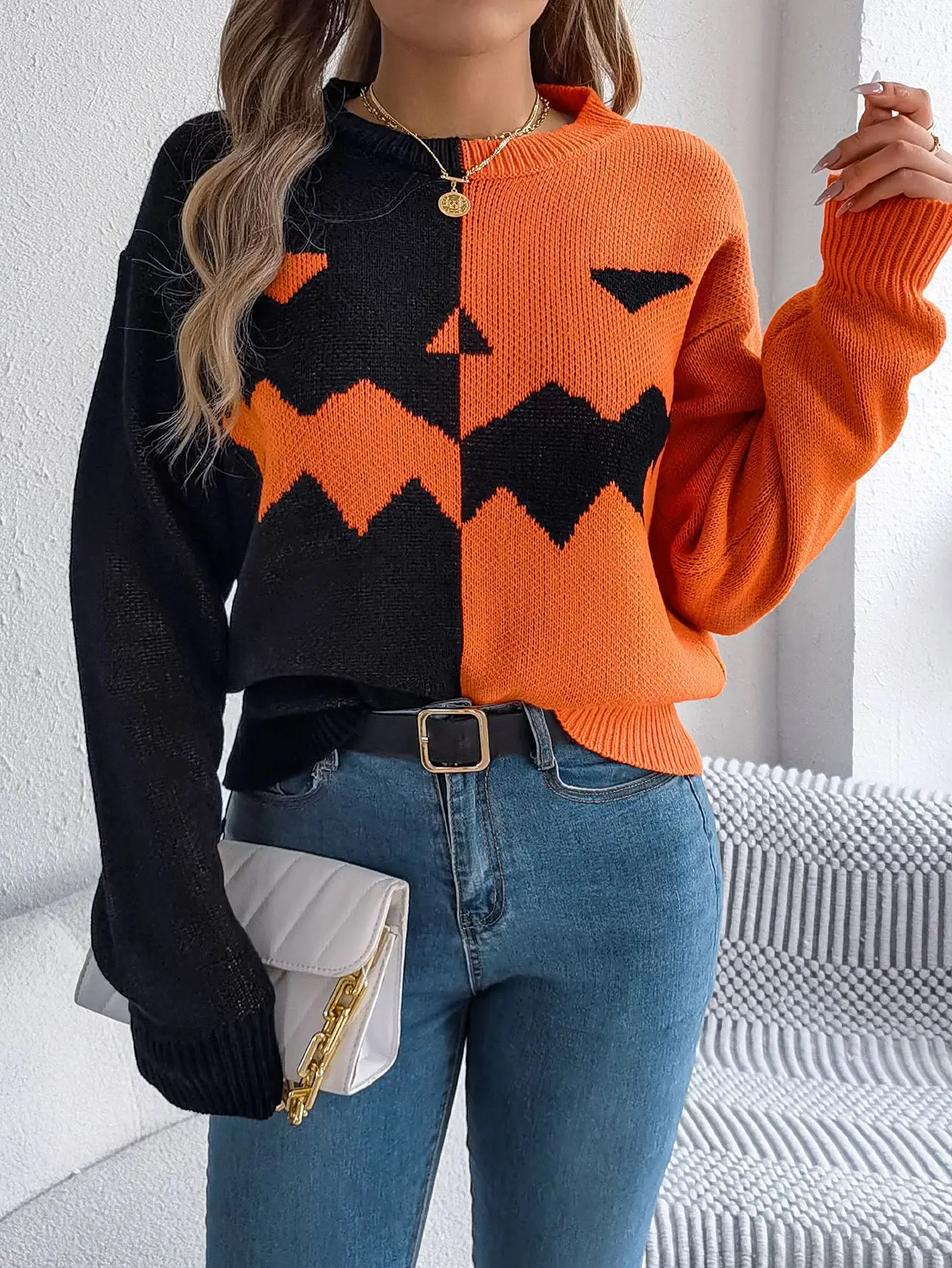 2025 Otoño Invierno mujer suéter Tops suéteres mujeres Halloween fantasma calabaza contraste Color manga larga suéter