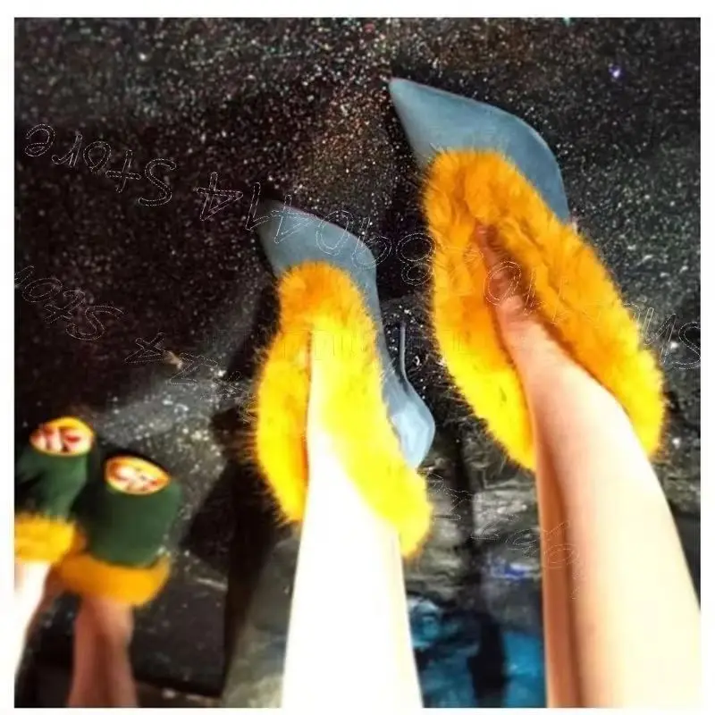 

Orange Fur Blue Suede Pointed Toe Pumps Slip On Women Shoes Thin High Heels Novel Party Banquet Dating 2026 Zapatos Para Mujere