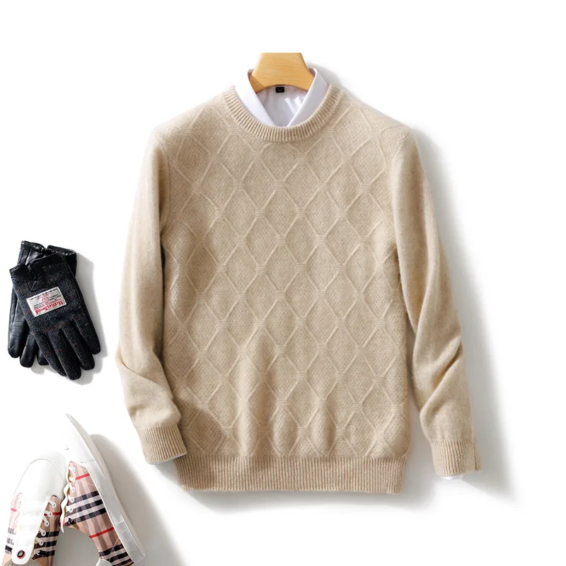 Men's 100% Merino Wool Crew Neck Pullover Long-Sleeve Sweater Casual Daily Versatile Argyle Pattern Autumn Winter Cashmere Top