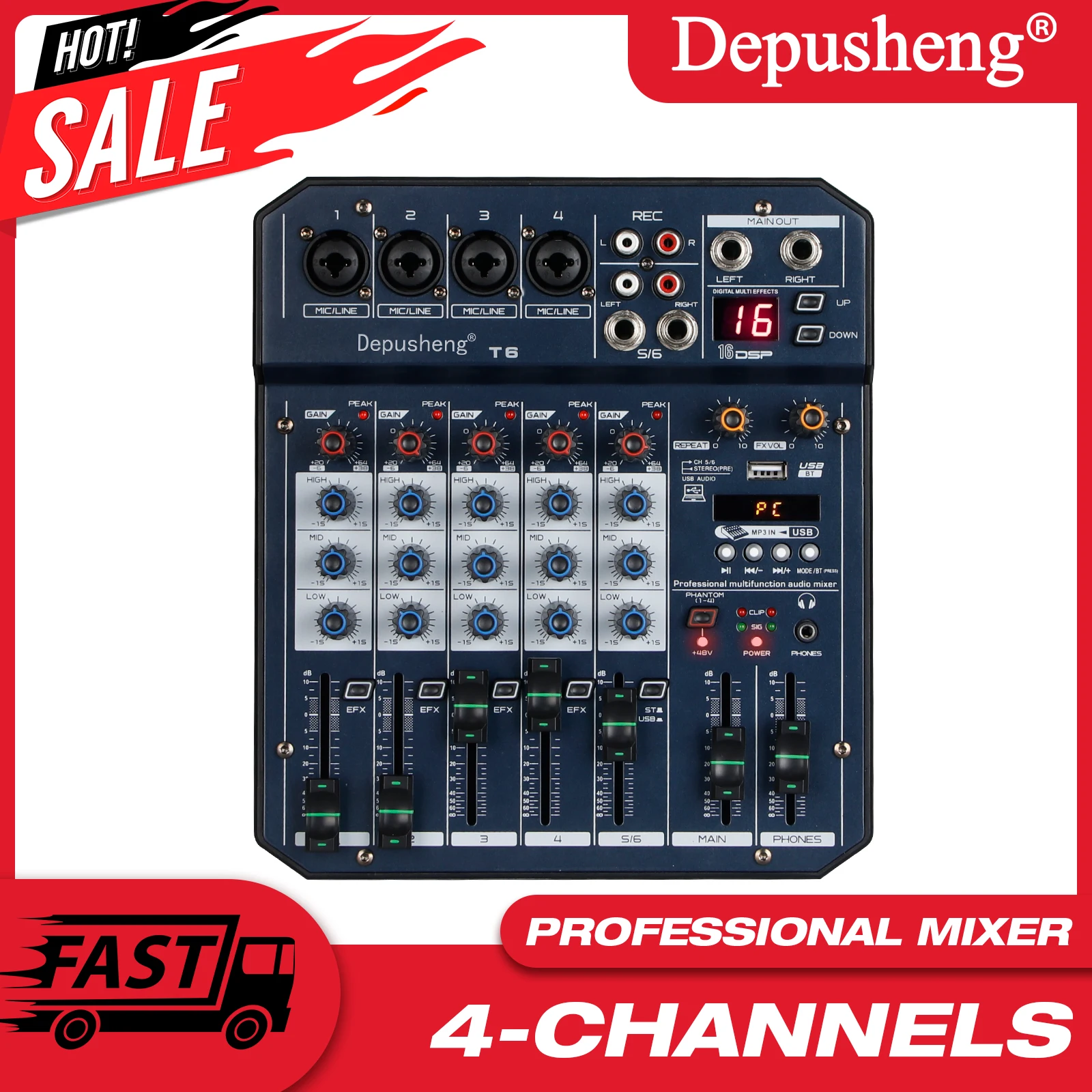 Professional 4-Channel DJ USB Audio Mixer Live Sound Controller Interface For PC Recording Video Live Streaming Karaoke