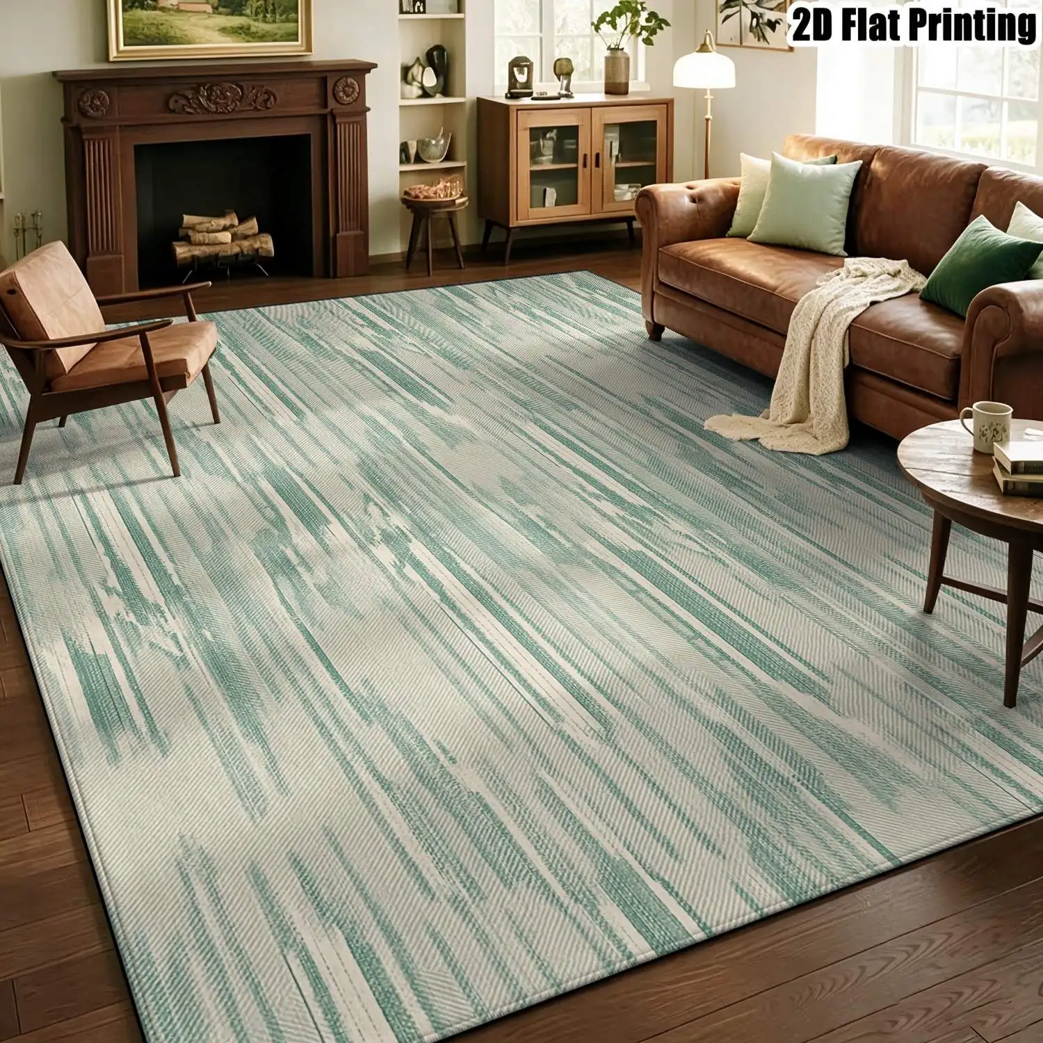 1Pc 2D Printed Carpet: Fresh Blue Green Striped Nordic Style, Modern Minimalist Geometric Floor Mat, Machine Washable, Multi-Size, Suitable for Home Decor, Ideal for Entrance, Dining, Foyer, Bedroom, Living Room