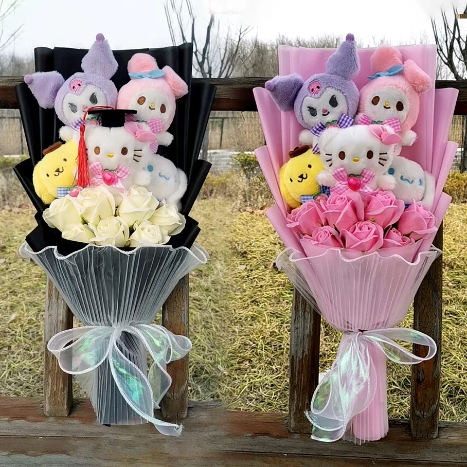 Kuromi Hello Kitty Cinnamoroll My Melody Plush Doll Toy Bouquet with PVC Rose Flower Valentine's Day Christmas Graduation Gifts