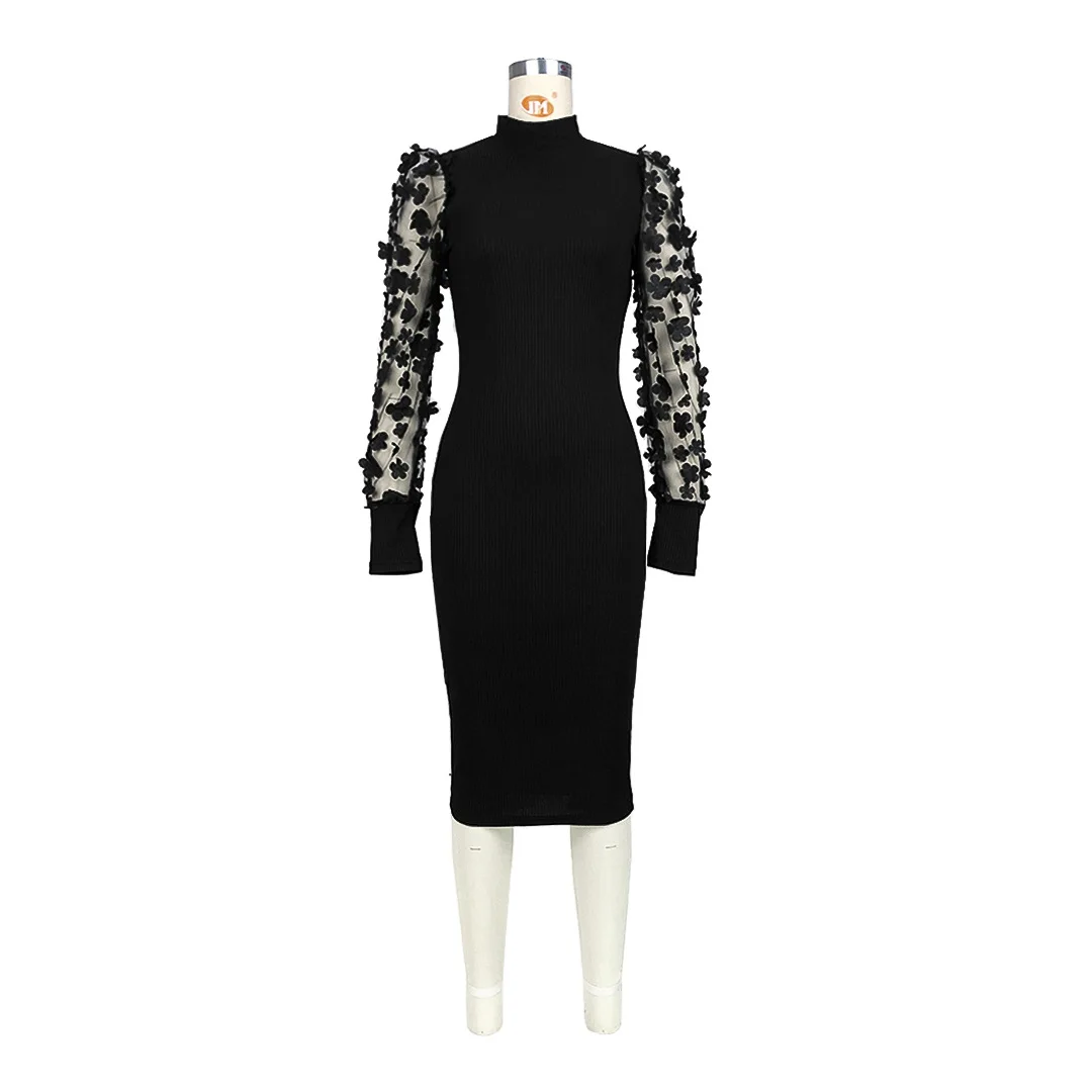 Robe fourreau pour femmes, Sexy, droite, transparente, col mi-haut, fleur tridimensionnelle, bureau, automne 2025