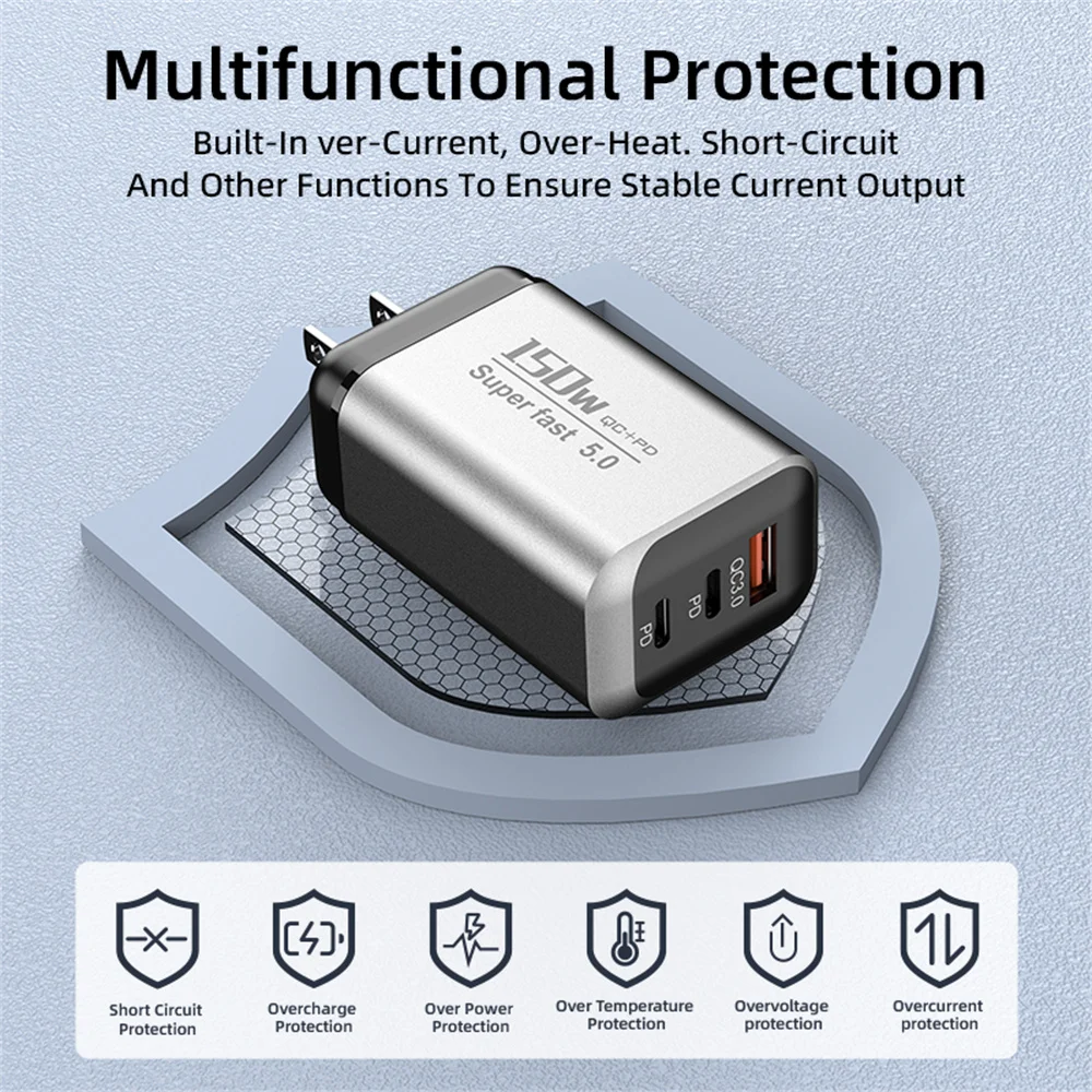 150W USB Type C Charger USB QC3.0 Fast Charging Mobile Phone Charger Travel Adapter For iPhone 17 Samsung Xiaomi EU/UK/US Plug image 6