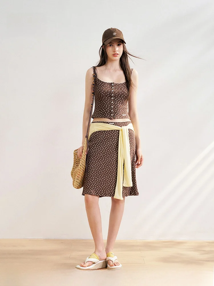 

Liilou Cotton Floral Button Slim Fit Vest And A-Line Midi Skirt Set Summer Casual Style round Neck Short Sleeve Two-Piece Suit