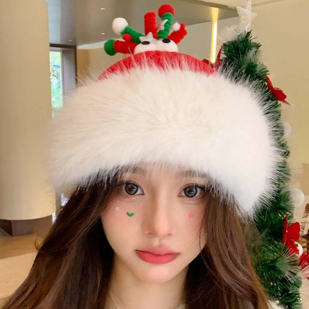 

Fashion Soft Christmas Plush Cap Antlers Windproof Big Pullover Hat Snowflake Big Eyes Red Knitted Woolen Hat Winter