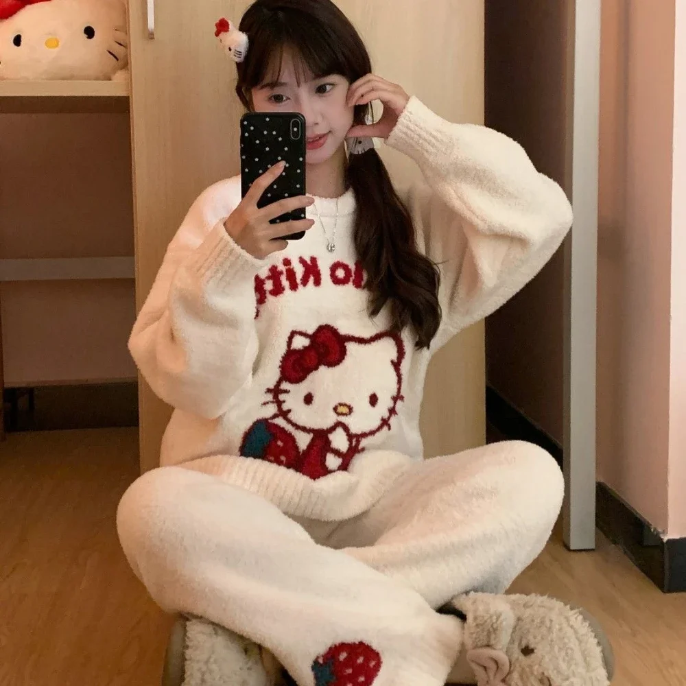 HelloKitty Pajamas Miniso Cartoon Embroidery Plush Round Neck Keep Warm Long Sleeved Suit Winter Versatile Knitted Home Clothing