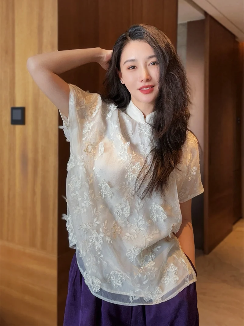 

Ele ort Sve Silk Elegance Embroidered Top Chinese Sle Stand Collar Women's Faionable Inner And Outer Silk irt