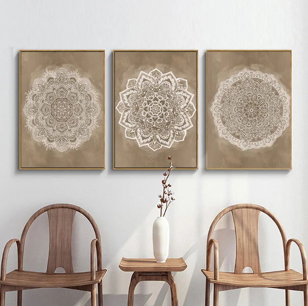 Mandala Boho Wall Art Canvas Painting Poster Print Brown for Rustic Bedroom Office Home Decor Pictures Bathroom Geometry