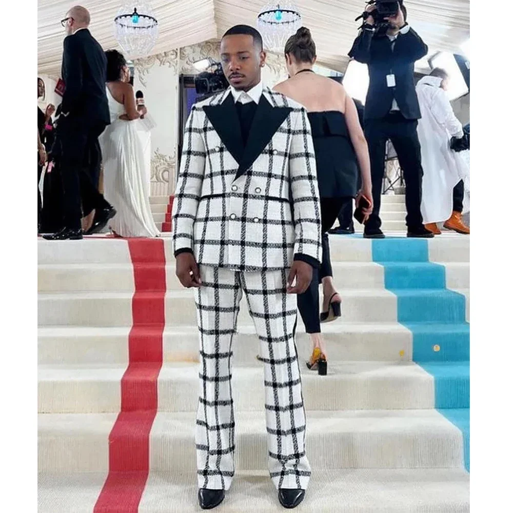 

Double Breasted Men's Suits Fashion Plaid Black Peaked Lapel Slim Fit 2 Piece Jacket Pants Sets Customzied Made Wedding Clothing
