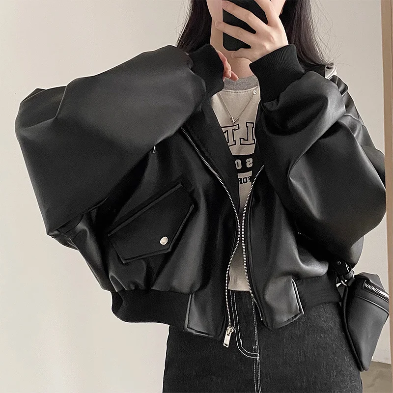 Korean Style Hooded PU Leather Bomber Jacket Vintage Leatner Jacket for Women Loose Spring Autumn Coats Outerwears Women Clothes