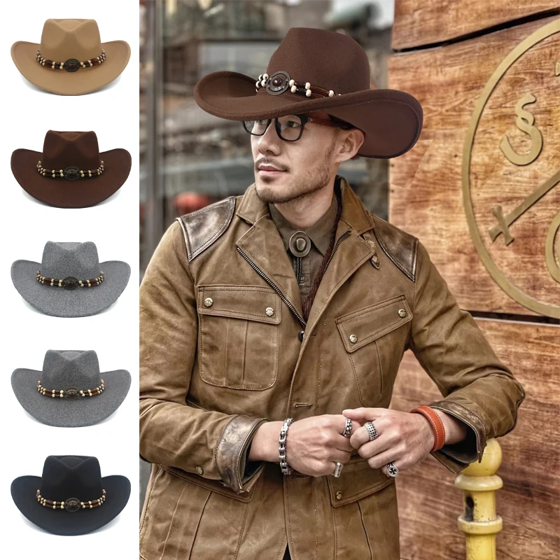 

Men Women Wool Blend Western Cowboy Hats Wide Brim Sunhats Party Travel Sombrero Outdoor Caps Classical Retro Adjustable Size
