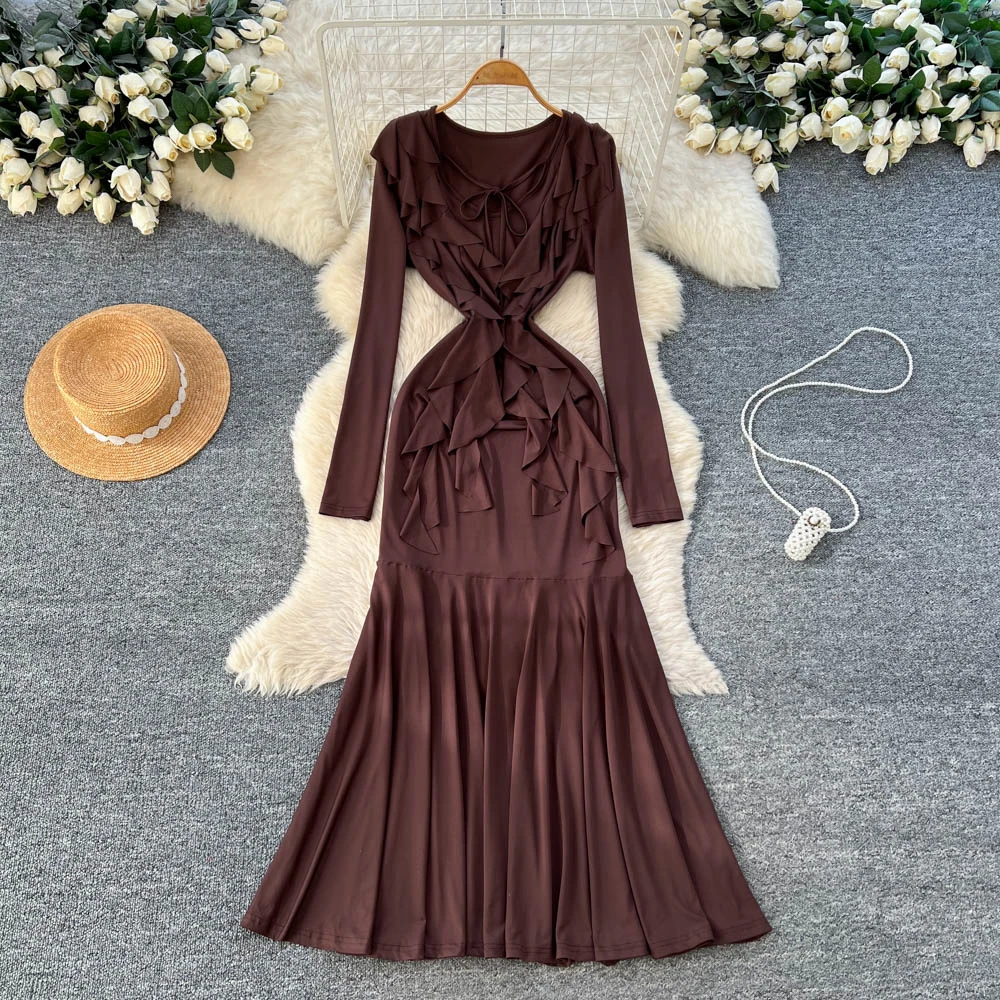 Vintage à volants à manches longues mince élégant fée mode coréenne Boho robe d'été femmes vêtements robe longue