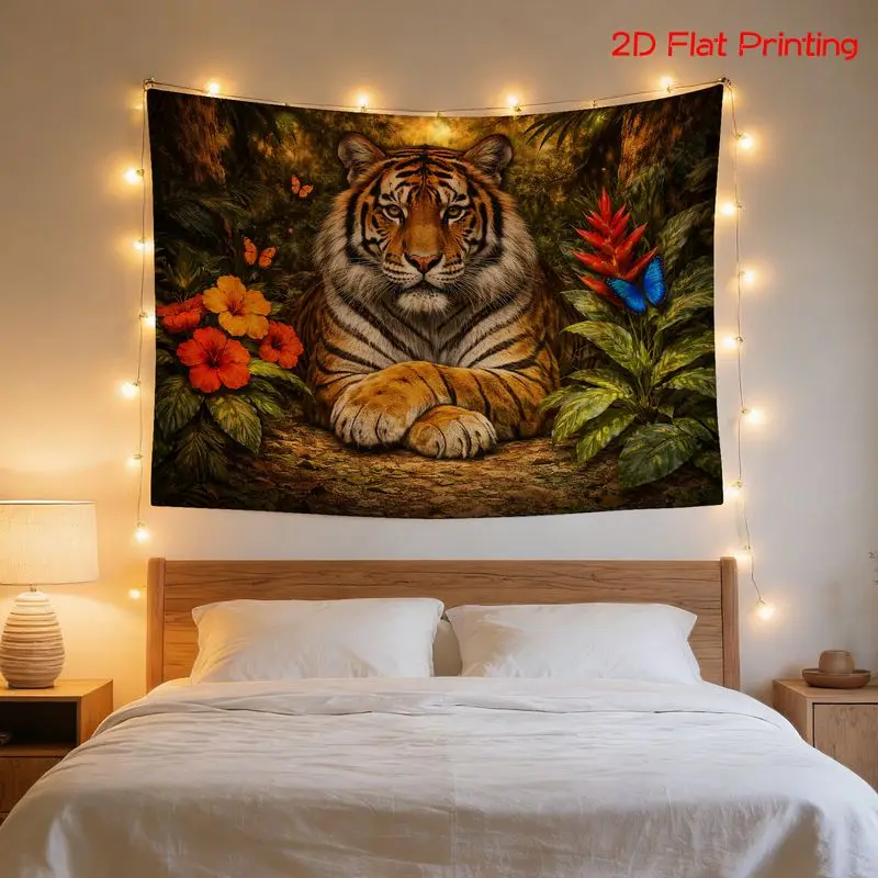 VIKAMA Jungle Tiger Animal Tapestry Tropical Plant Flower Butterfly Wall Hanging Nature Scenery Aesthetic Living Room Wall Decor