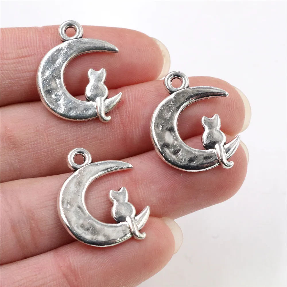 23x18mm 15 sztuk Antique Silver Plated księżyc kot ręcznie robiony wisiorek: DIY dla bransoletki necklace-Q5-35
