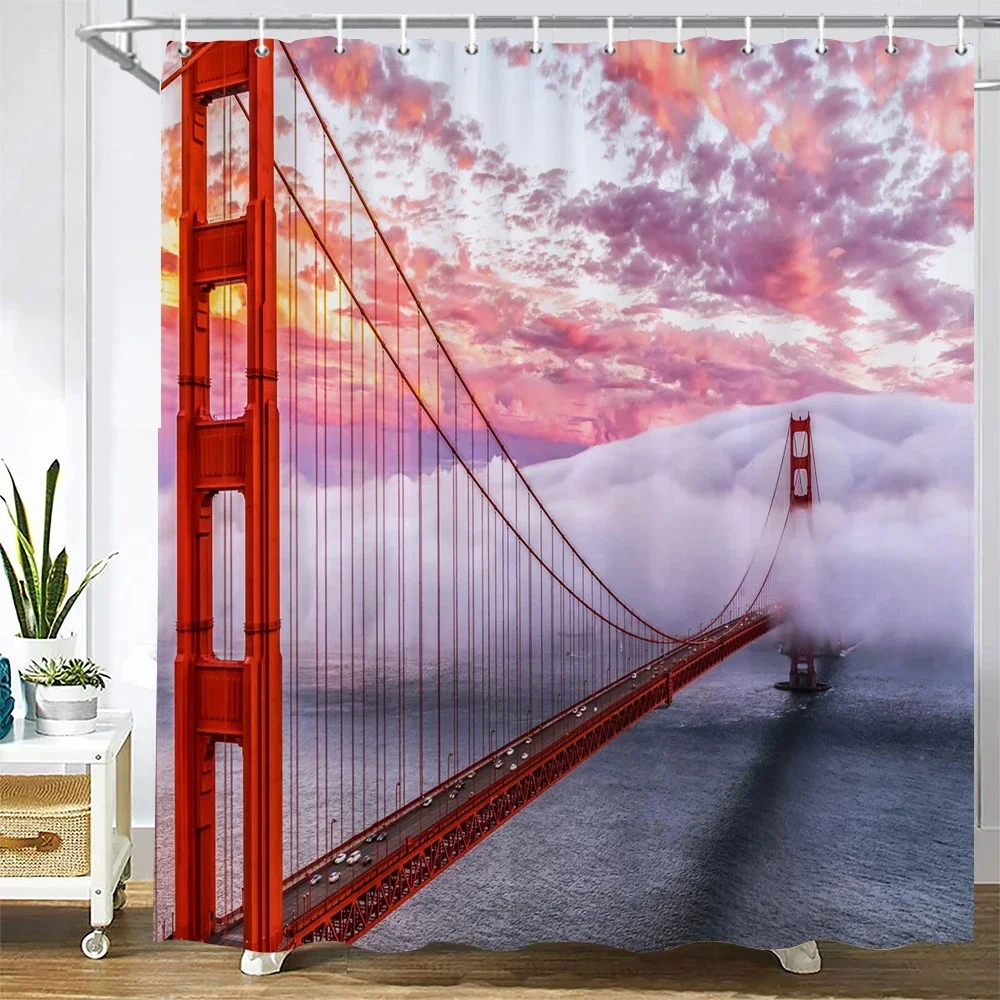 New York London Bridge Shower Curtain Printed Waterproof Fabric Polyester  City Scenery Night View Bath Curtain Bathroom Decor