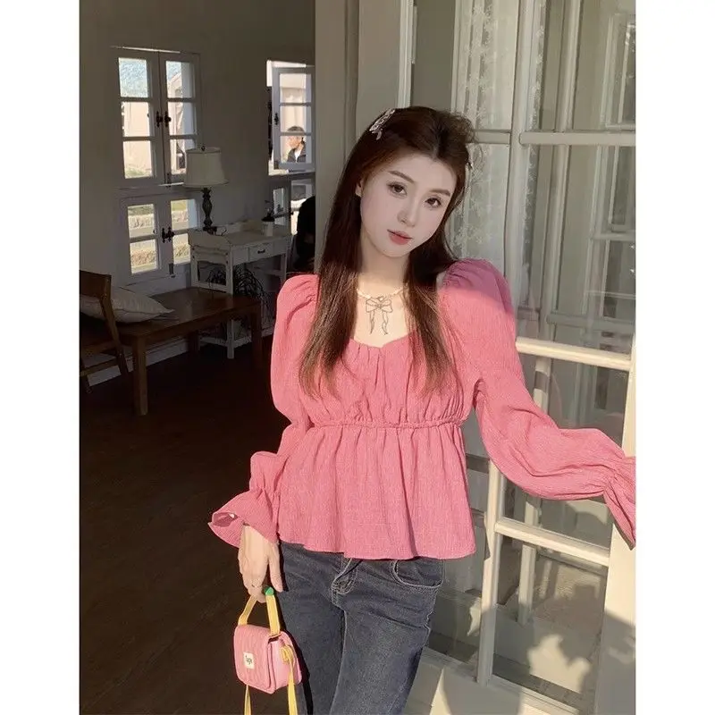 Purple Red Long Sleeves Shirt for Women\'s Spring Autumn Cinched Waist Slimming French Style Lantern Sleeve Sweet Temperament Top