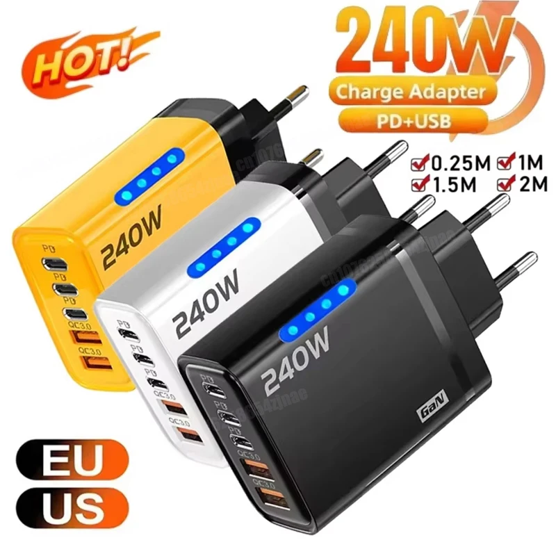 240W GaN USB C Charger 5 in 1 Fast Charging Phone Charger Power Adapter For iPhone Samsung Xiaomi Type C EU/US Plug Wall Charger