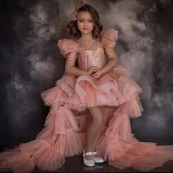 Vestido Formal de tul con tutú Alto y Bajo para niños, vestidos brillantes de fiesta de cumpleaños para hija, mangas completas, escalonadas, color rosa melocotón