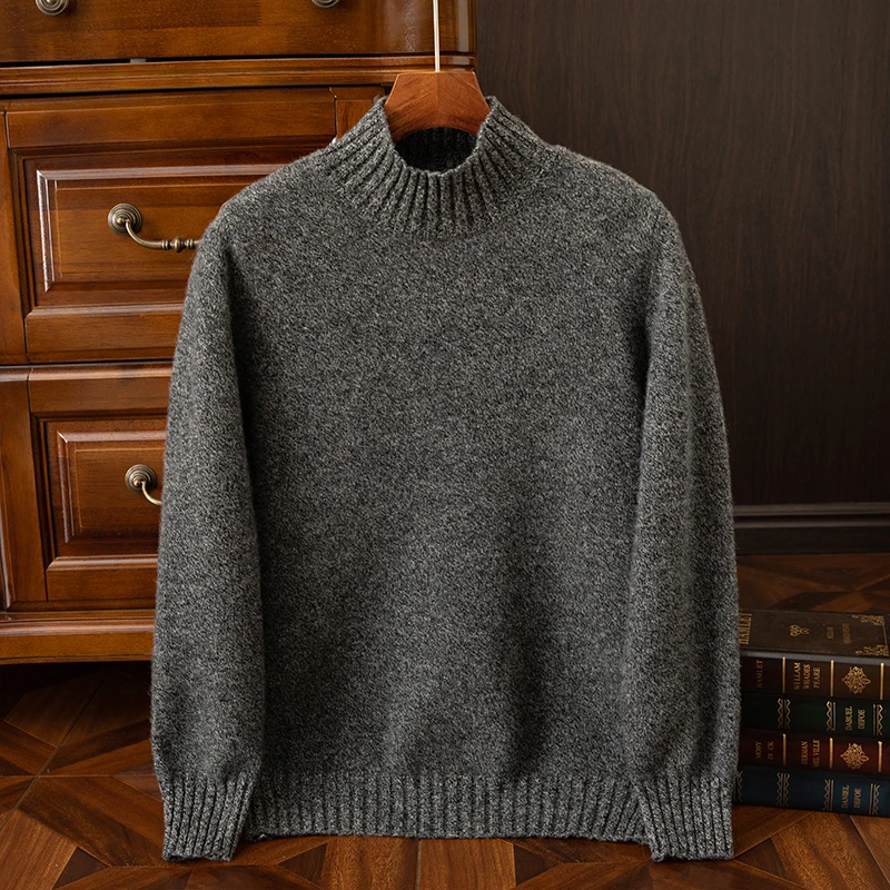 100% Merino Wool Autumn Winter Men's Classic Business Round-Neck Sweater Versatile Casual Half-High Thick Warm Top Knitwear