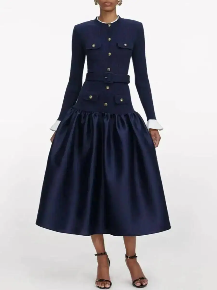 TLXT ファッション レディース フレンチスタイル 無地 エレガント 細見え ワンピース 長袖 ハイウエスト スプライスボタン シックドレス 2026春新作