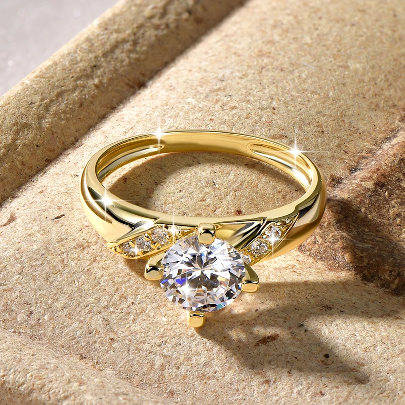 14K Vergoldeter CZ Labor-Diamant Versprechen-Ring 7mm Rundschliff Kubischer Zirkonia Hochzeits-Verlobungsringe für Frauen – Detail 8