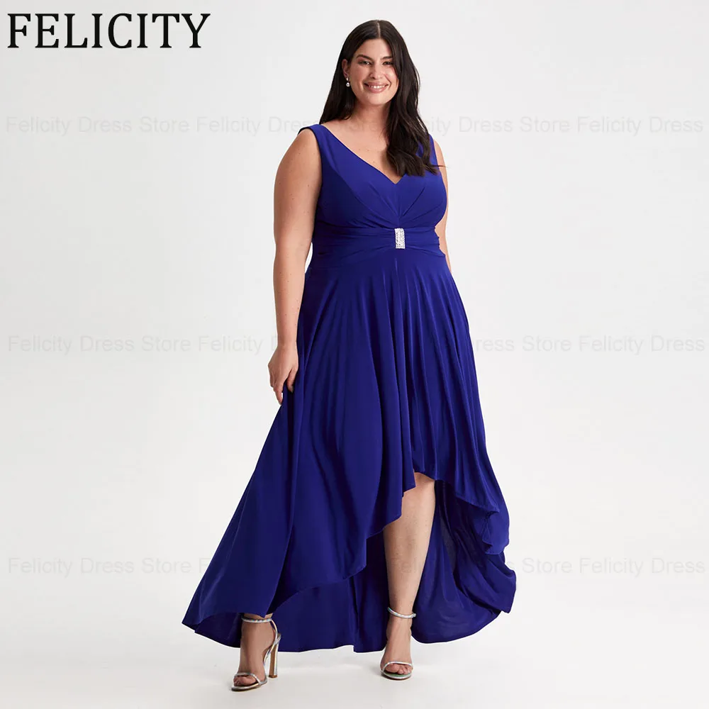 

Royal Blue Chiffon Plus Size Mother of the Bride Dresses 2024 A-Line V-Neck Wedding Guest Dresses Pleated Beading Evening Gowns