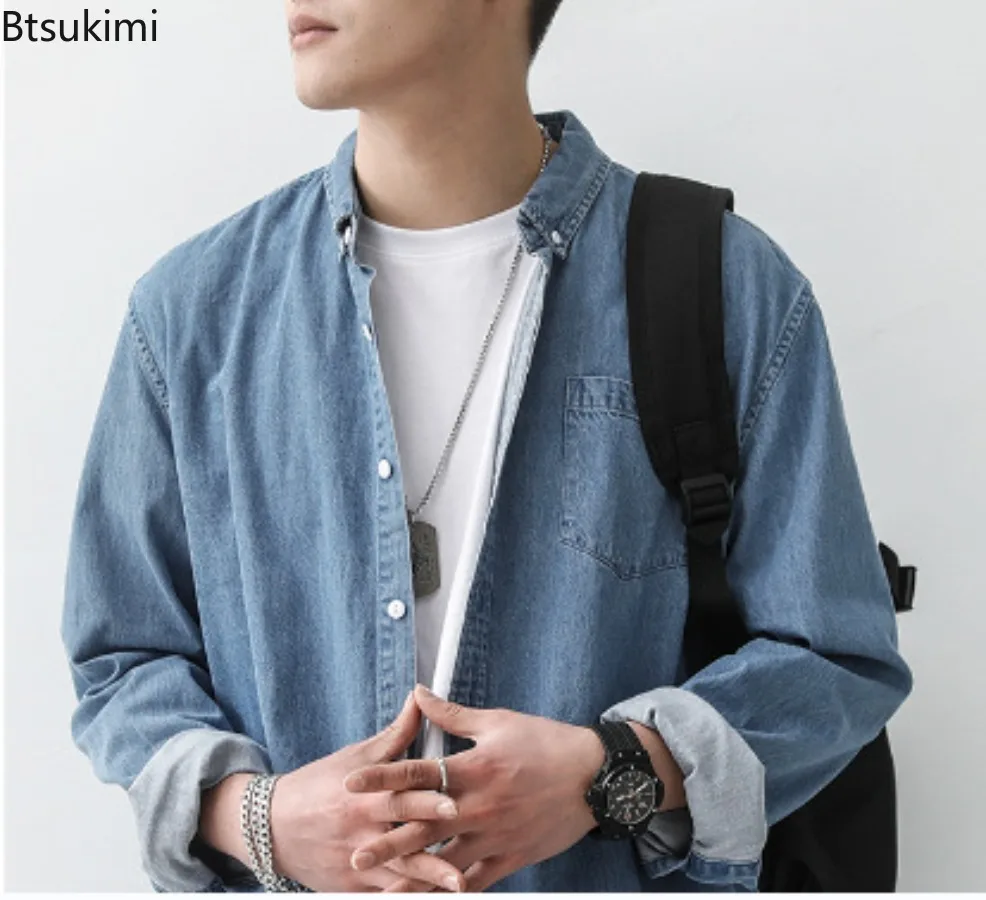 New Men's Long Sleeve Denim Shirts Spring Autumn Vintage All-match Casual Shirt Jackets Fashion Solid Loose Cotton Cargo Shirts