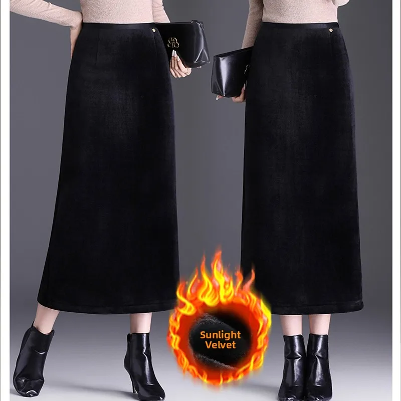 

Black Fleece Lined Velvet Half Skirt Women's High Waist Slimming Versatile Bodycon Straight Long One Step Skirt Business Casual