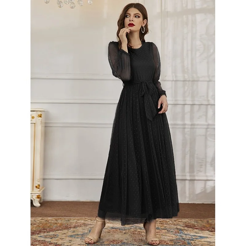 Women's Round Neck Long Dress, Ladies High Waist Robes, Slim Mesh, Long Sleeve, Monochromatic, Spring, Autumn