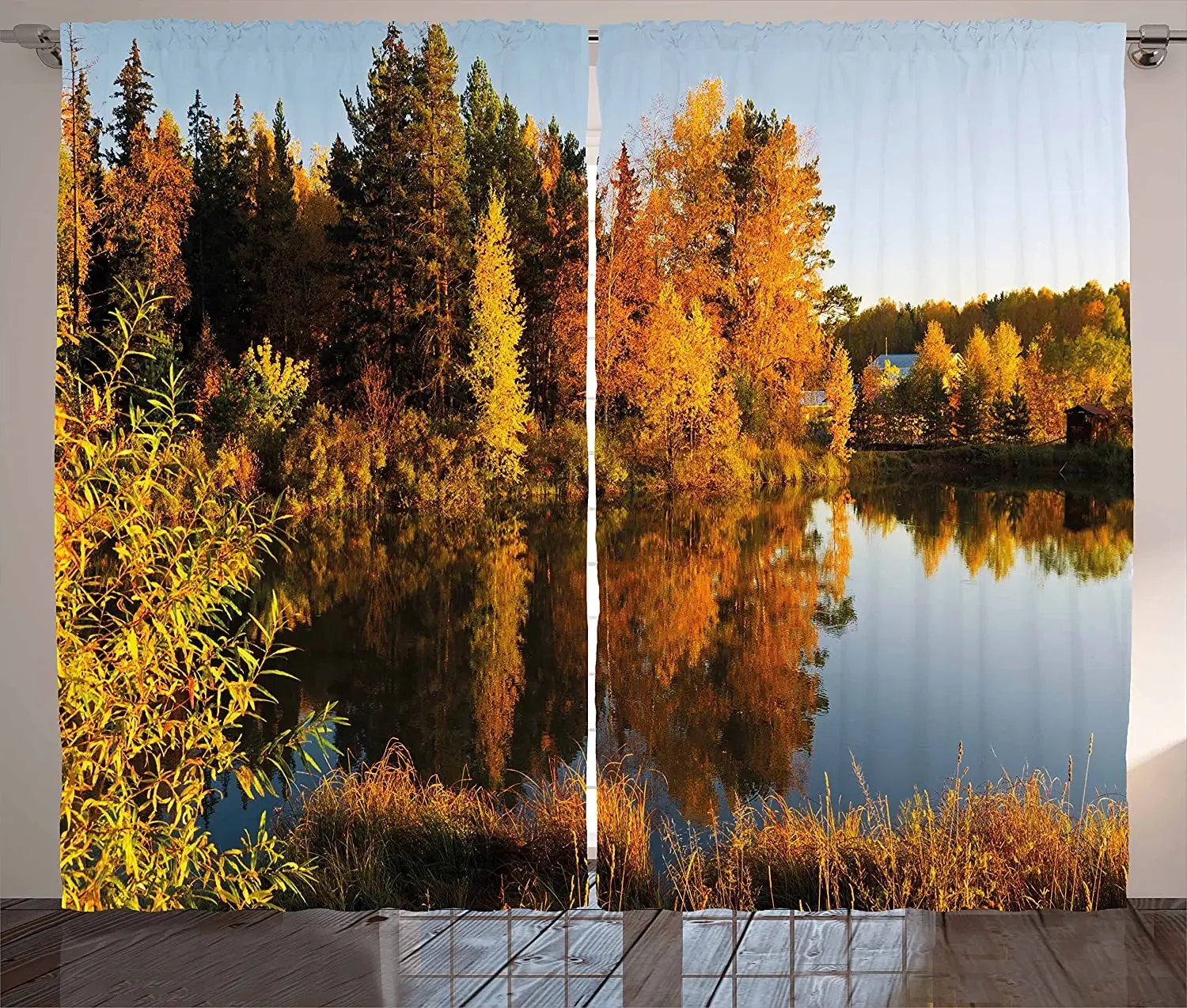 Fall Blackout Curtains Lake in Sunset Rays Autumn Landscape Pond Woodland Outdoors Ecology Environment Window Curtain