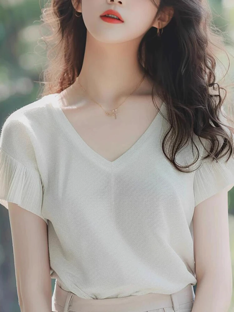 لون نقي مريح V-Ne ort Sve Commute Basic irt الكورية Sle فضفاضة تناسب الصيف تصميم جديد فريد من نوعه
