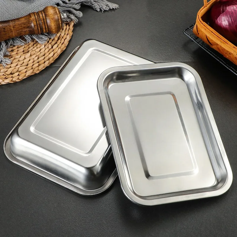 Rectangular Food Shallow Trays Stainless Steel Barbecue Fruit Storage Plate Steamed Dish Pastry Baking Pan Kitchen Utensils