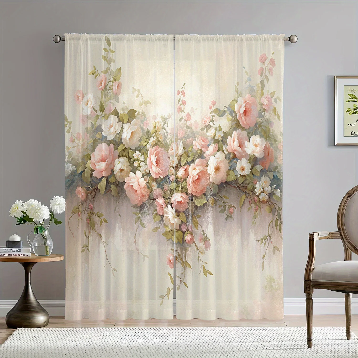 2PC Pink & White Rose Sheer Curtains – Soft Polyester,Pocket Rod, Machine Washable – Pastel Style for Living Room,Bedroom,Office