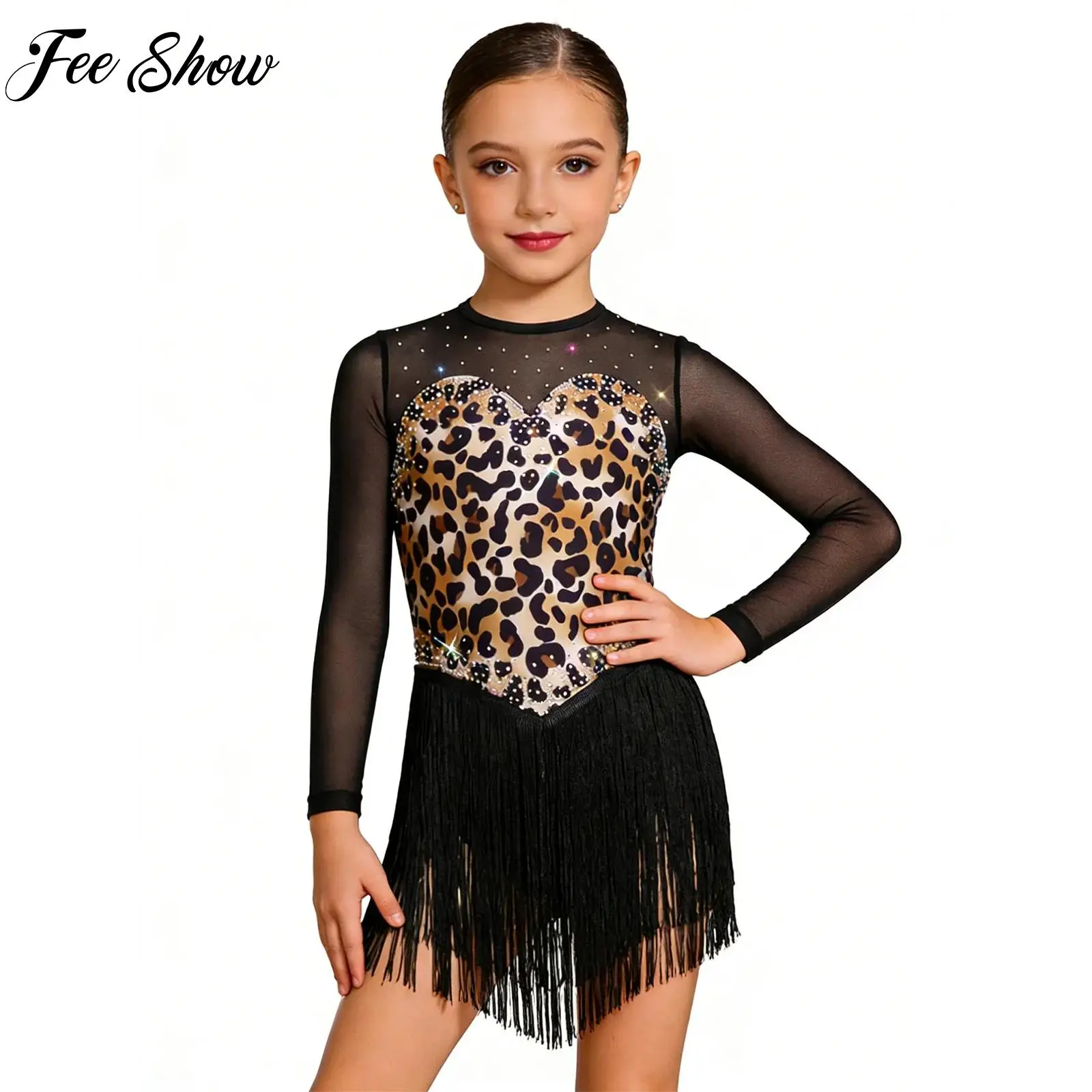 Kids Girls Leopard Print Fringe Latin Dance Dress Long Sleeve Keyhole Back Mesh Bodysuit Shiny Rhinestone Tassel Stage Costume